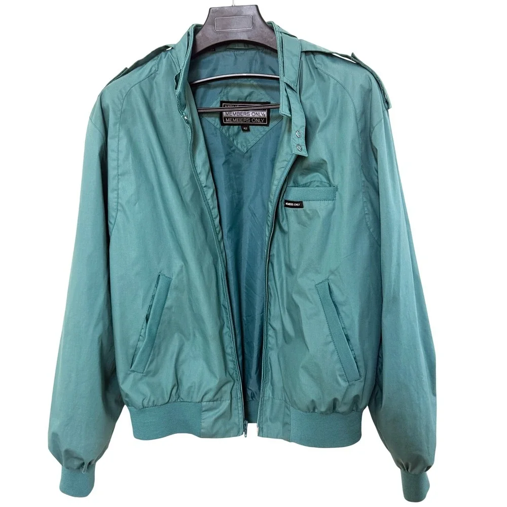 Vintage Members Only Cafe Bomber‎ Racer Jacket 42 Blue Green Full Zip 80's